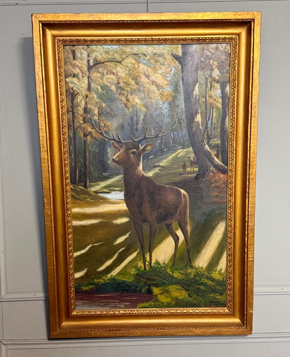 Tableau Art-Déco. Cerf dans la clairière.