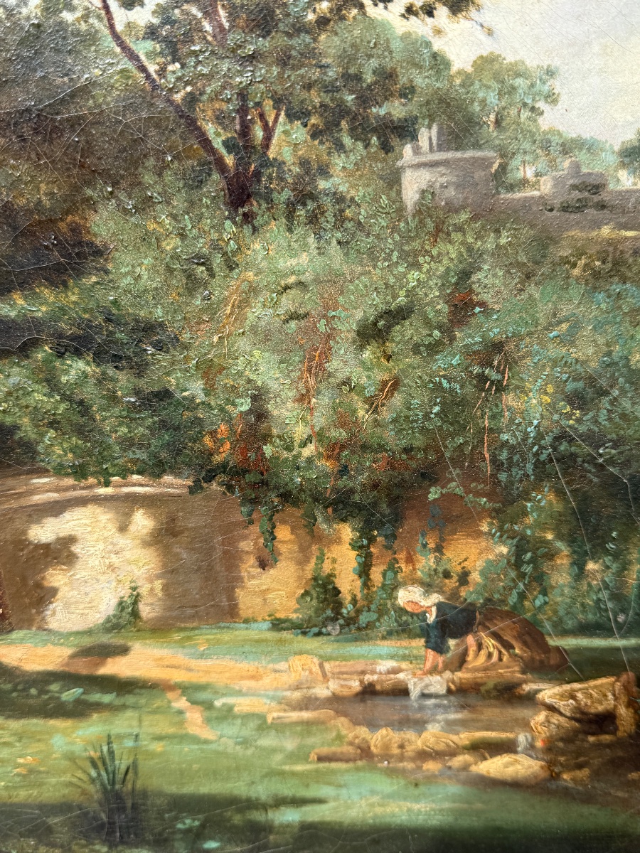 Ancienne peinture à l'huile sur toile. Paysage animé. École Française, début du XIXème. – Image 2