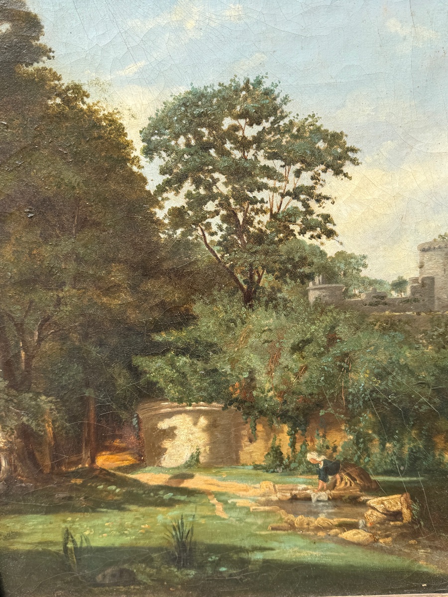 Ancienne peinture à l'huile sur toile. Paysage animé. École Française, début du XIXème. – Image 4