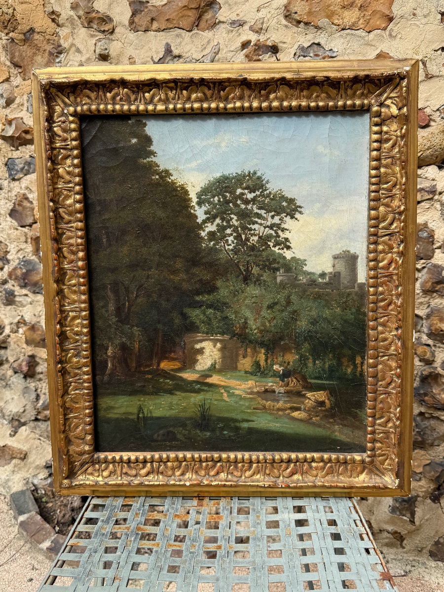 Ancienne peinture à l'huile sur toile. Paysage animé. École Française, début du XIXème.