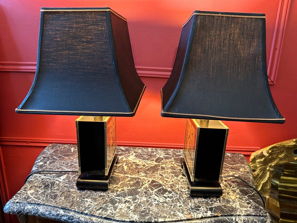 Paire De Lampes Chinoises En Laiton Et Laque. – Image 4