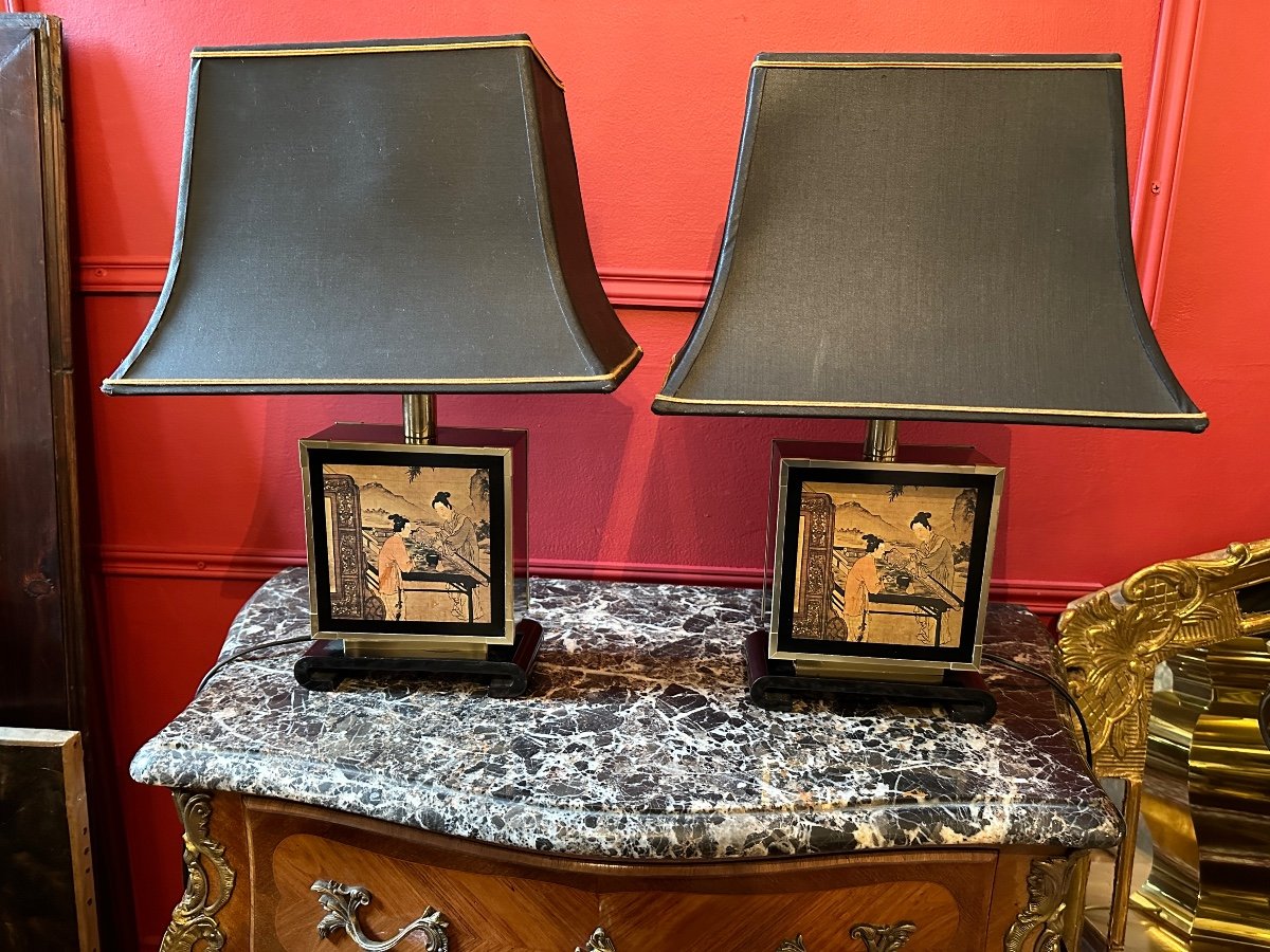 Paire De Lampes Chinoises En Laiton Et Laque. – Image 5