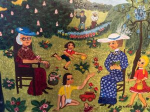 Sous le marronnier, huile art naïf de Danièle Karsenty-Schiller