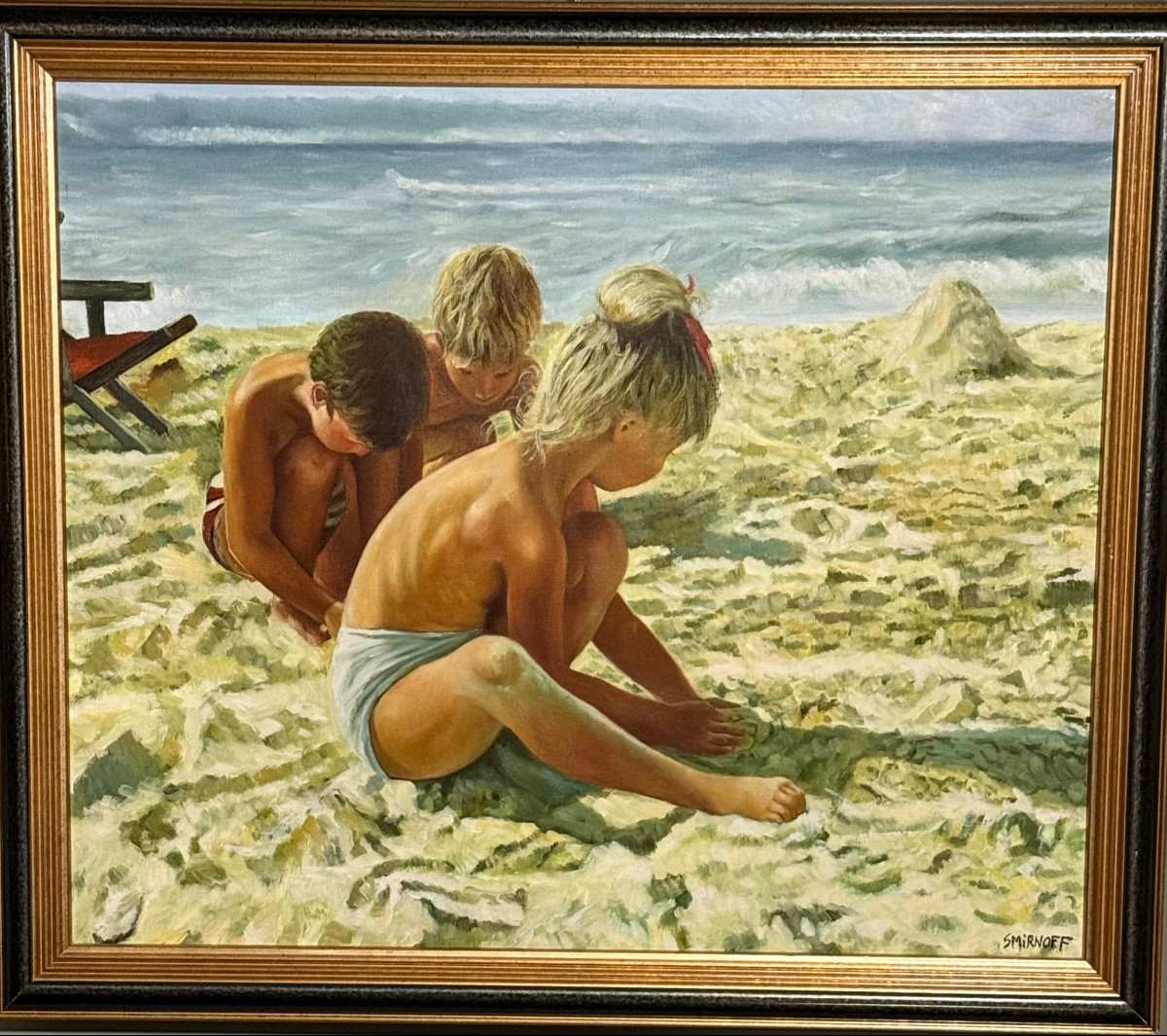 « Les enfants à la plage », huile sur toile signée Smirnoff