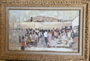 Kari Feuer, La foule sur le port, huile sur toile