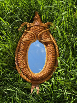 Miroir en corde et cuir par Audoux & Minet, milieu XXe