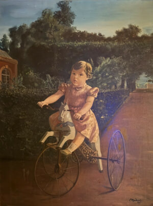 Lucien Mandosse (1933-2004), Petite fille sur son cheval tricycle, huile sur toile
