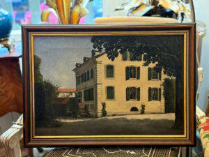 Huile sur toile représentant une maison bourgeoise du Midi, époque XXe