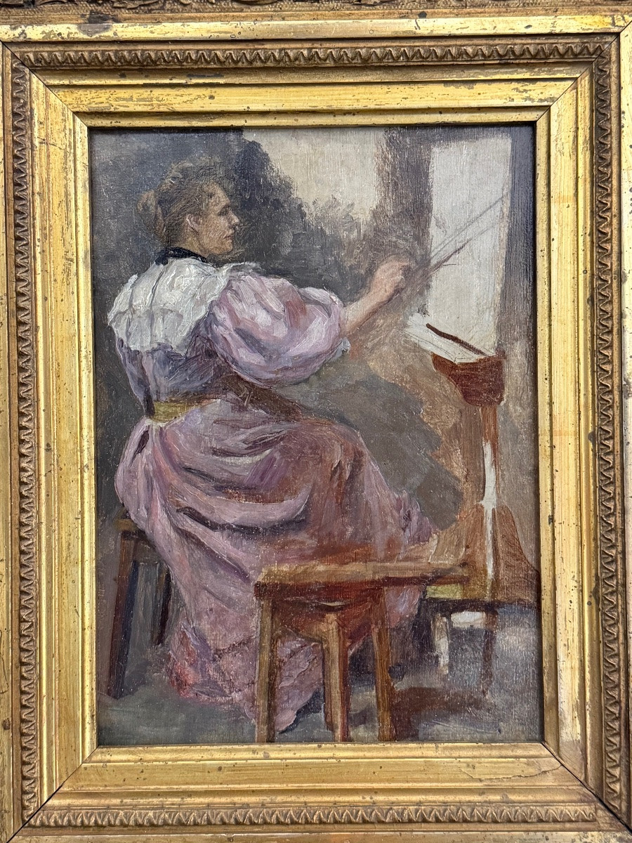 La peintre à son atelier – huile sur panneau – Image 2