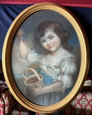 Pastel ovale XIXe « L’enfant au panier de cerises »