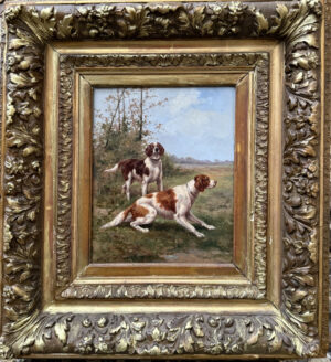 Albert WILLMS (1800-1900) Deux chiens de chasse. Huile sur panneau.