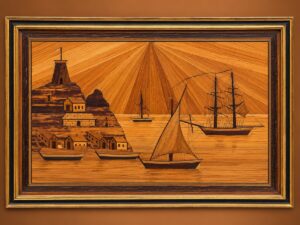 Paire de marines en marqueterie de paille signées Watigny et datées 1838
