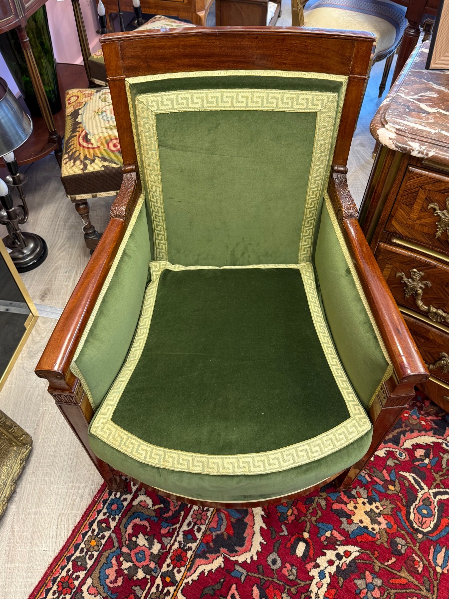 Paire de bergères d’époque Consulat en acajou massif, velours vert – Image 4