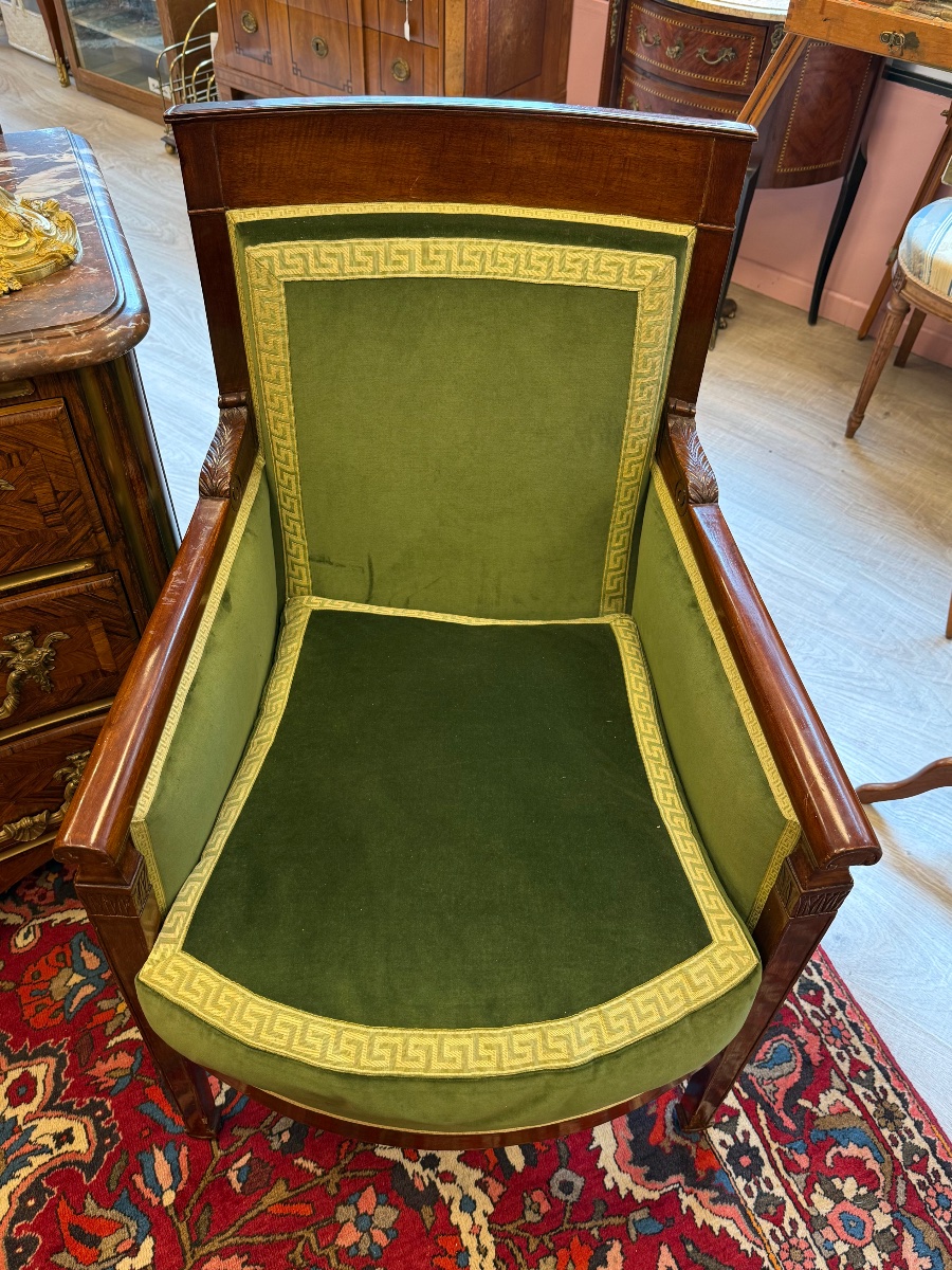 Paire de bergères d’époque Consulat en acajou massif, velours vert – Image 5