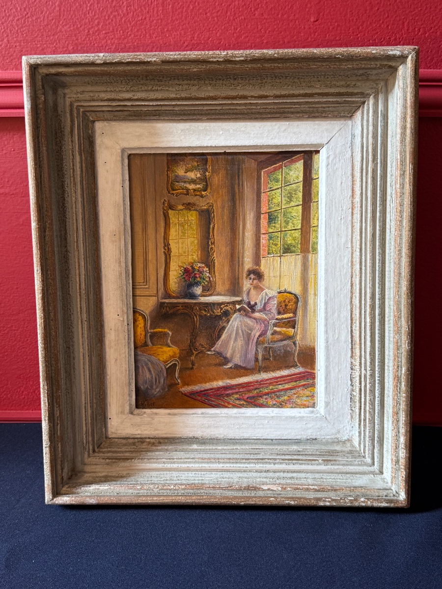 F. Keller — Jeune femme à la lecture, huile sur panneau – Image 2