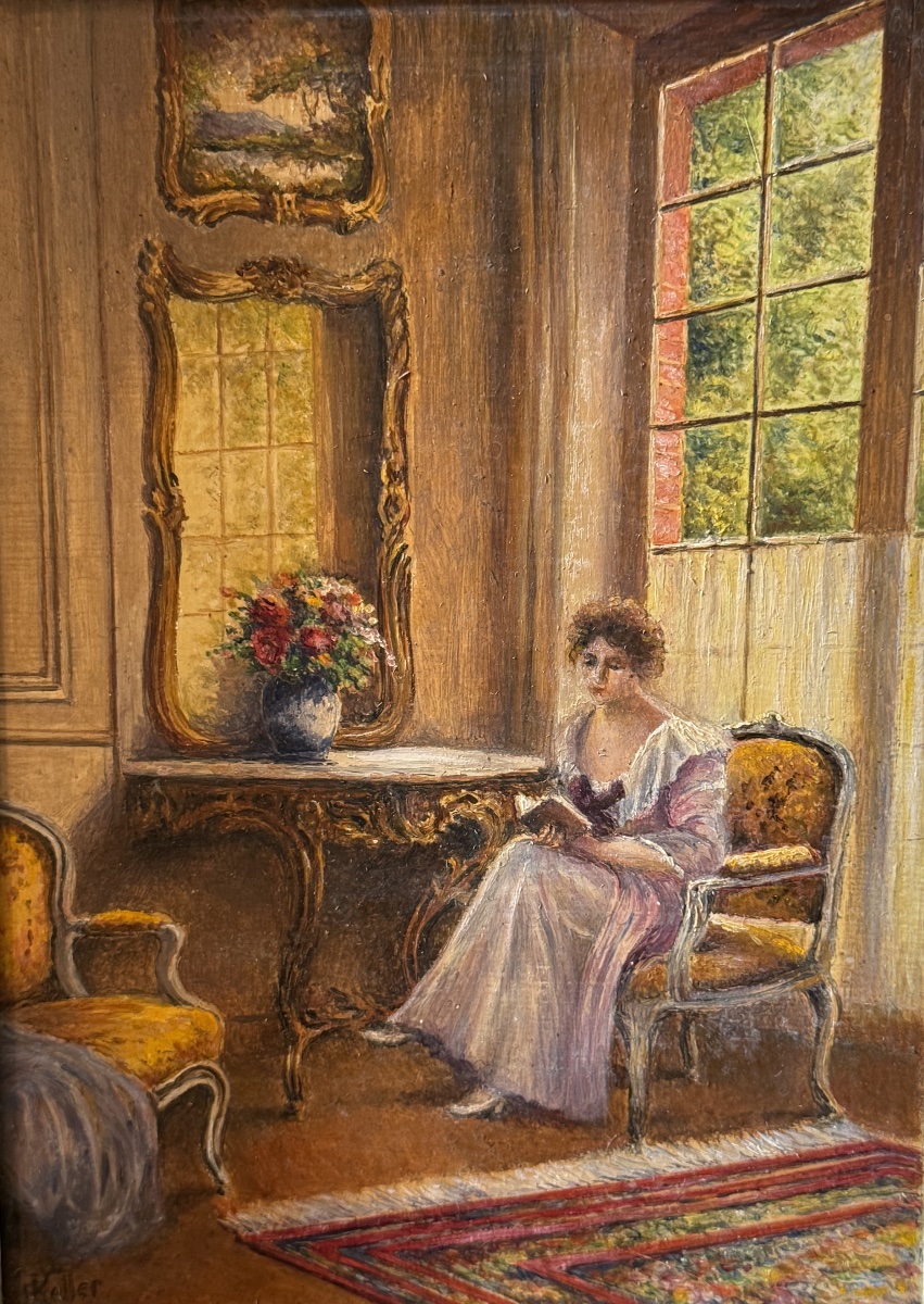 F. Keller — Jeune femme à la lecture, huile sur panneau – Image 4