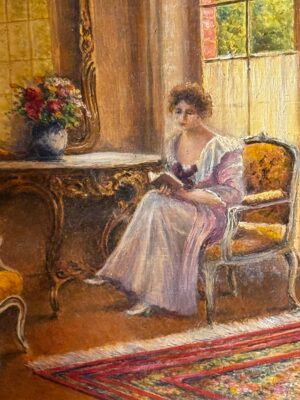 F. Keller — Jeune femme à la lecture, huile sur panneau