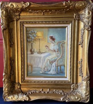 Huile sur toile « Jeune fille à sa lecture » signée A. Renault